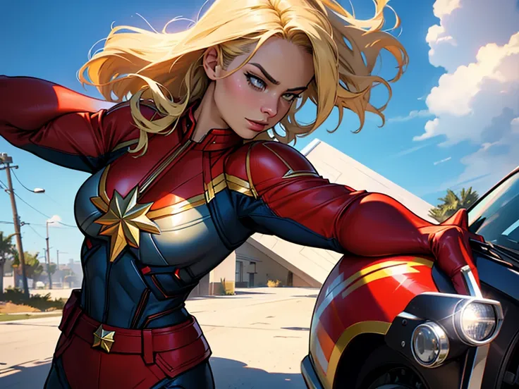 high quality, ultra high res, masterpiece, detailed captain marvel in GTA style