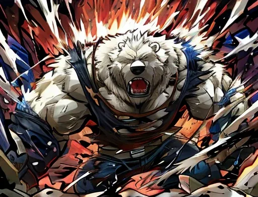 A frontal image of the moment of a polar bear attack on Expectador . The polar bear attacks the spectator with his binges, the bear is furious . Animal rage rage . He wears a very torn and torn leather blanket as primitive clothing.. He attacks , dynamic a...