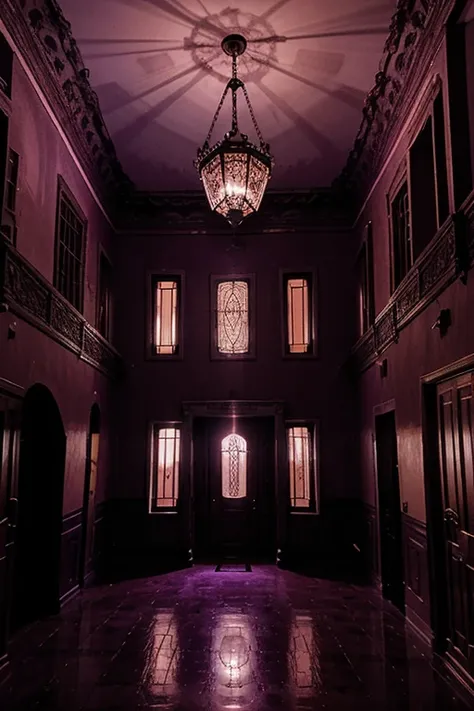 Haunted house, rooms with mucielagos. a lot of beauty, red, purple, reflexes 