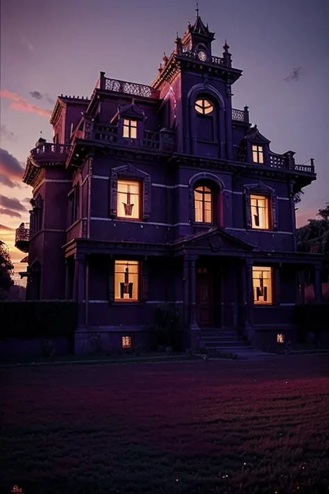 Haunted house, rooms with mucielagos. a lot of beauty, red, purple, reflexes 