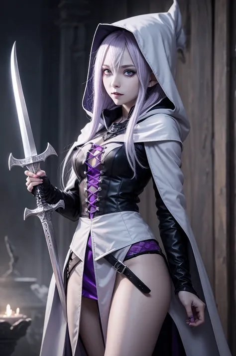 witch elf, with white eyes, gray skin, lilac hair, with sword and vampire outfit with hood