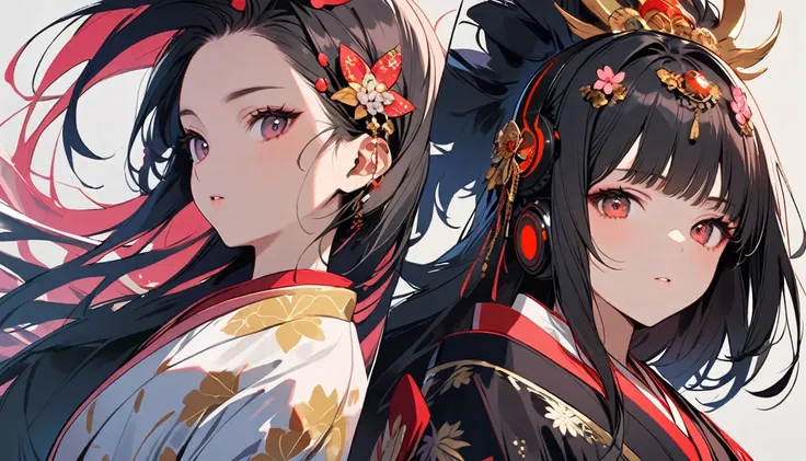 (((1 girl))), (((from below))), (((Very flashy hair accessories))), (((Very fancy kimono))), Japanese style headphones, face close-up, Japanese courtesan, Black Hair, Delicate and precise, devil, vivid color