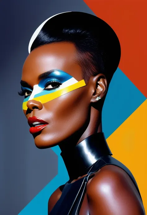 grace jones themed, surreal and strange dislocation art：collage，there are many different things on the faces，spaceship，vibrant s...