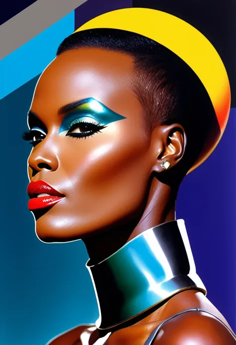 grace jones themed, surreal and strange dislocation art：collage，there are many different things on the faces，spaceship，vibrant s...