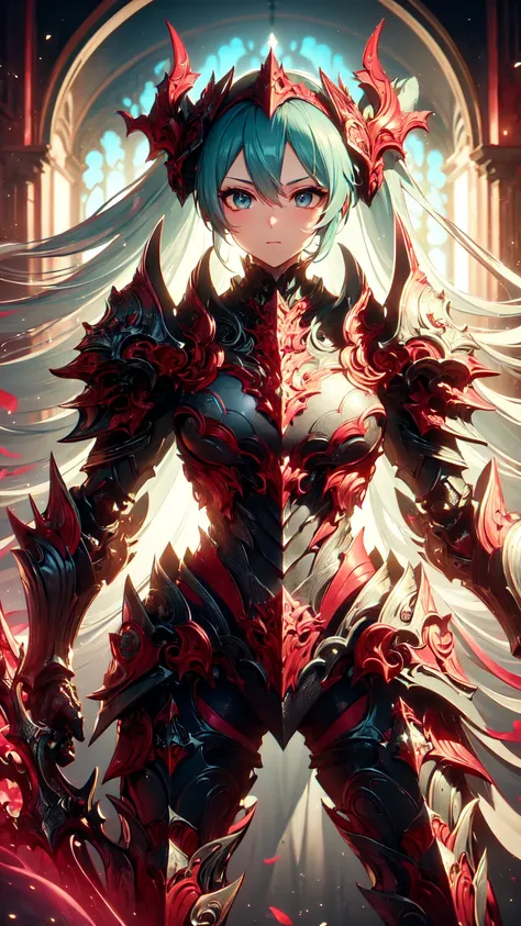 masterpiece, top quality, 8K Hatsune Miku VOCALOID, 1woman, ((dragon knight armor)), full armor, (knight armor), black tights, church,((Knight Girl)), ((Knight Armor Warrior)), ((DRAGON armor)), (Cybernetic Leotard ), Masterpiece, Top Quality, Ultra-Detail...