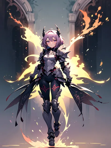 (((masterpiece, best quality, high detailed, 16k))) (1girl) A fierce and enigmatic flame manipulator with short, vibrant purple hair and piercing lilac eyes. She wields dark flames with an air of mastery and control. She wears intricately detailed light ar...