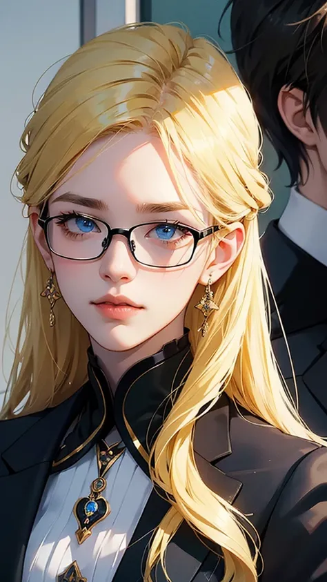 With anime style illustrations、A young man and woman couple appears。The man has blue eyes、Wearing a black suit jacket。The woman is blonde and wears glasses.、She&#39;s wearing soft pink clothes。The two of them pose intimately、The background has vibrant blue...