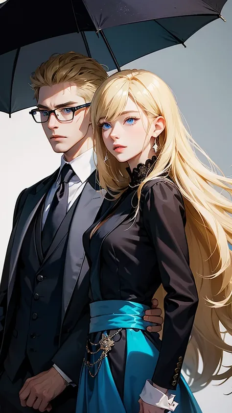 With anime style illustrations、A young man and woman couple appears。The man has blue eyes、Wearing a black suit jacket。The woman is blonde and wears glasses.、She&#39;s wearing soft pink clothes。The two of them pose intimately、The background has vibrant blue...