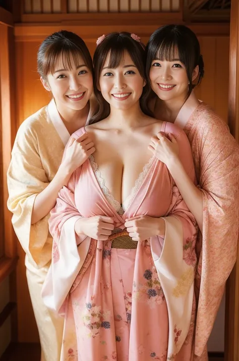 Attractive woman, ２Man Woman, bbw, Fluffy kimono、large boob, A smile、Hot Spring Ryokan、​masterpiece, top-quality,