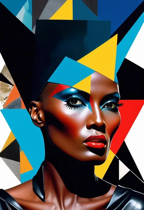 Grace Jones themed, Surreal and strange dislocation art：Collage，There are many different things on the faces，spaceship，vibrant sensual colors, Geometric Dislocation，Collage,Hollow，Artistic sense，Painting，paint，Simple, Grace Jones black singer