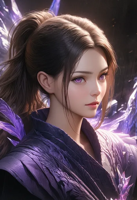 A woman with dark blue long hair tied up in a ponytail down to her waist, amethyst crystal violet eyes, cold gaze, strong aura, master of the blue Phoenix, detailed face, realistic portrait, 8k, high resolution, photorealistic, cinematic lighting, dramatic...