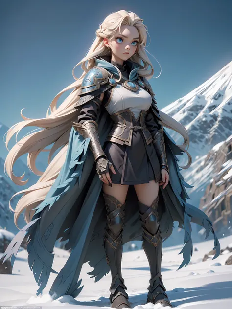 (((masterpiece, best quality, high detailed, 16k))) (1girl) A fierce and stoic Nordic warrior with long, braided blonde hair and icy blue eyes. She wears heavy armor adorned with intricate engravings and symbols of her clan, combined with animal pelts that...