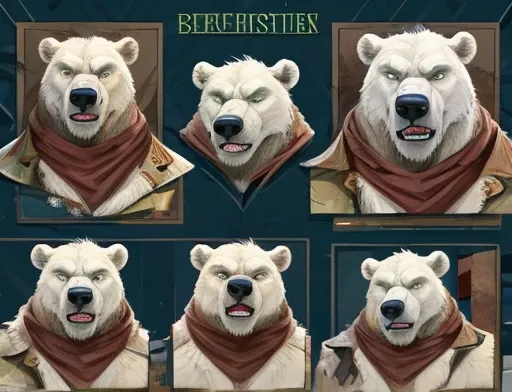 4K, masterpiece, detailded.💚（（tmasterpiece）），（（（best qualtiy））），（CharacterDesignSheet，Same role，frontage，Lateral face，on  back），concept-art，concept art of character，Character sketches，reference sheet，Role table,💚A frontal image of the moment of a polar bea...