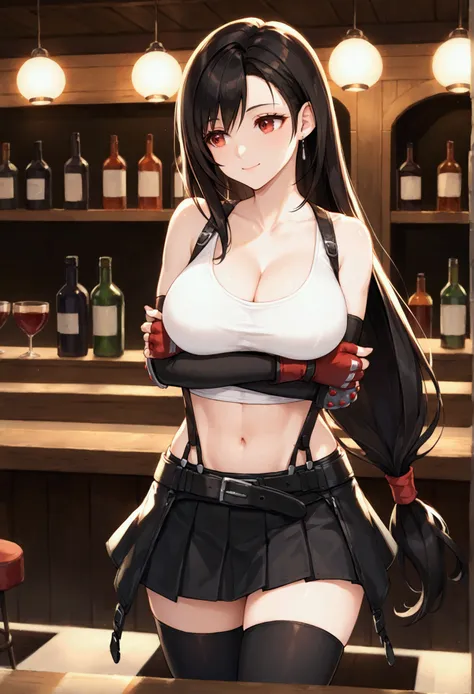 (score_9, score_8_up, score_7_up), BREAK  (masterpeace),(best quality),(aesthetic,very aesthetic),1girl, tifa lockhart, final fantasy,(beautiful). black hair, low-tied long hair, red eyes, bangs, white tank top,gap, belt, pleated skirt, thighhighs, elbow f...