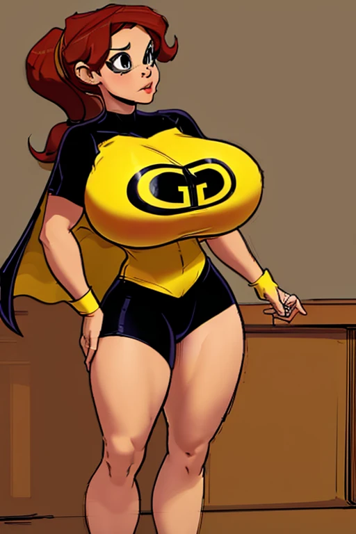 (best quality), (masterpiece), 1 girl, early 20s, huge heavy breasts, busty, massive breasts, thick, thick lips, wide hips, thin waist, gg, yellow shirt, bike shorts, ponytail, cape