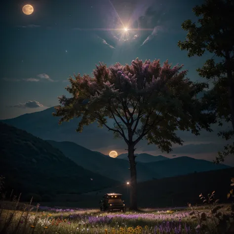 expansive landscape photography , (a view from below showing the sky above and the open field below), a  lying in a field of flowers looking up, (full moon:1.2), ( Shooting Stars:0.9), (nebula:1.3), distant mountain, tree BREAK production art, (warm light ...