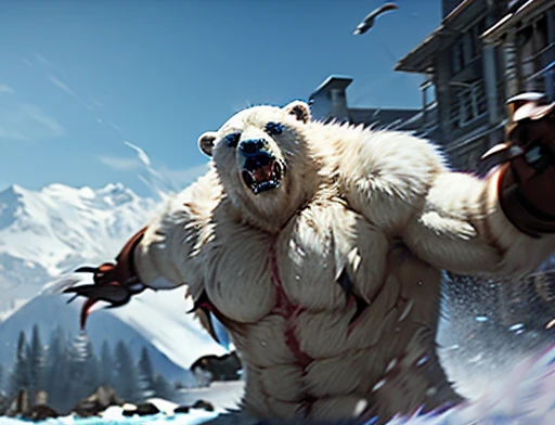 A frontal image of the moment of a polar bear attack on Expectador . The polar bear attacks the spectator with his binges, the bear is furious . Animal rage rage . He wears a very torn and torn leather blanket as primitive clothing.. He attacks , dynamic a...