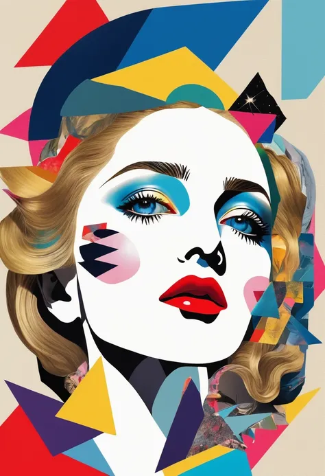 madonna themed, surreal and strange dislocation art：collage，there are many different things on the faces，spaceship，vibrant sensu...