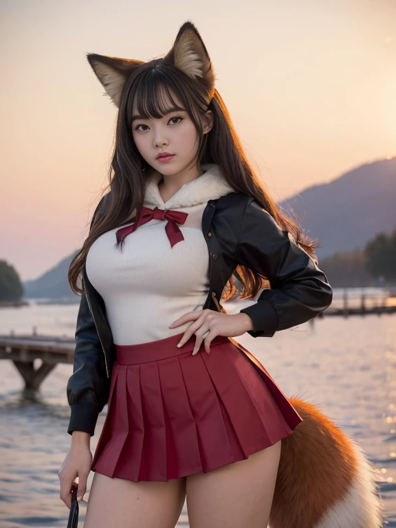 ((Highest quality, 8k)), ((masterpiece)), (Highest Resolution), Perfect Face, fox girl, high school girl, Beautiful woman, public, Has one tail, She has thick thighs, a large tail, She has a red fox tail, She wags her tail, Troubled face, fur collar, She w...