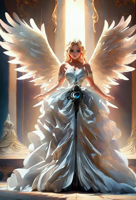 arafed, a picture of a female angel in high society prom event, divine beautiful female angel, blond hair, long hair, flowing ha...