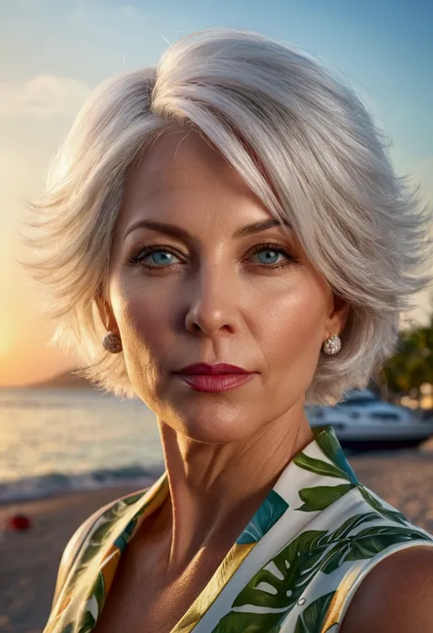 detailed portrait of a 45 year old woman with short white hair, beautiful detailed eyes,beautiful detailed lips,extremely detailed eyes and face,longeyelashes, enjoying on a tropical island, beach background, parasols, ocean, passenger yacht in the sea, su...