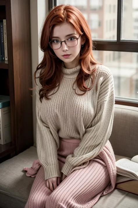 Sexy librarian, redhead, he would be, parts, pink nipples, very cute, reading, knitted sweater, long skirt, shy