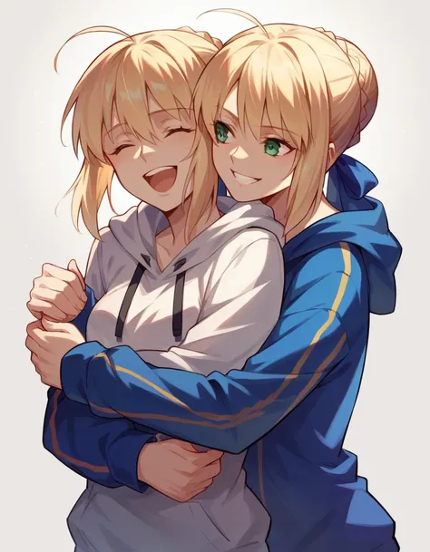 2 girl, saber, Artoria Pendragon (fate series), dual persona, hoodie, hug, hug from behind, laughing, happy, yuri, girls love