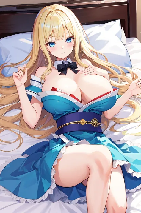 A girl with big ，Alice漫游仙境，fairy tales，((Alice))，Light blond long hair，Blue Eyes，Well-behaved and cute，Lying in bed，(nsfw:0.8)，