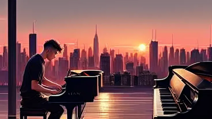 Pictorial illustration of a man playing piano in front of a city skyline, Atei Gailan Style, pianist, musician, By Atey Gairan, Great composition, Alena Aenami, inspired By Atey Gairan, inspired Alena Aenami, artistic. Alena Aenami, artistic illustration, ...