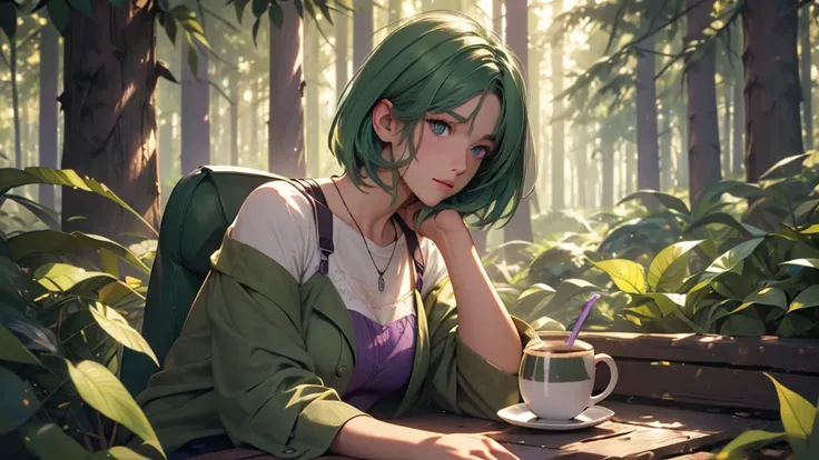 Latte 867, One girl, alone, (Forest Green Hair:1.2), Asymmetrical haircuts, (Purple clothes:1.2) masterpiece, Highest quality, photoRealistic, Realistic, (RAW Photos, 8K Ultra HD, Film Grain), Caustics, Scattered beneath the surface