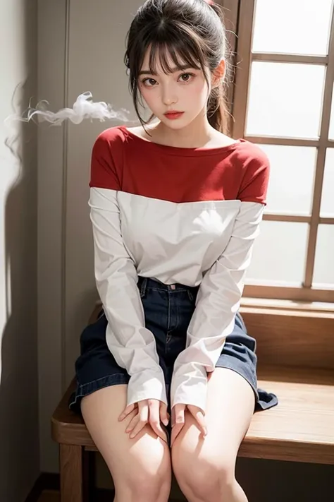 korean woman, seating on toilet, showing hip, thick thigh, urinating, public toilet, pull down panties, best quality, 4k, drunken, ponytail hair, smoking, 18years old, pale skin, off shoulder shirt, neckless, boots