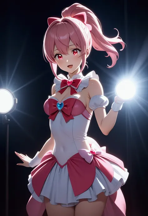 (((greatest masterpiece, ultimate quality, ultra-detailed, movie lighting, perfectly sensual))), One girl, Cure Lovely, pink hair, ponytail, red eyes, perfectly sensual cute mini PreCure costume, shoots beams from her eyes during battle, just like a robot ...