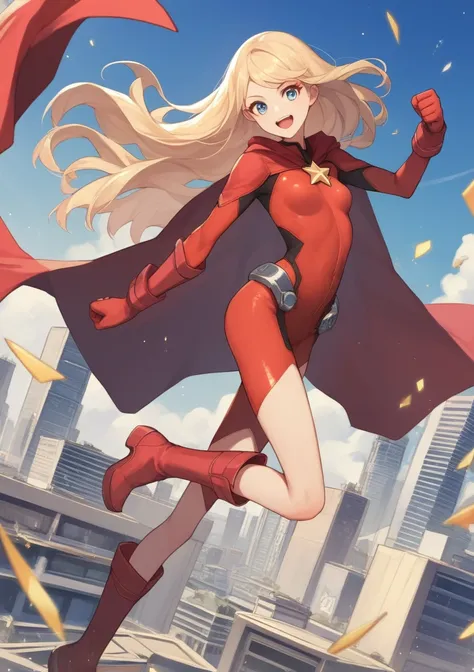 1girl, small breasts, superhero, star (symbol), clenched hand, hand on waist, bonde hair, smile, swept bangs, long hair, blonde hair, red white bodysuit, red cape, bare legs, red boots, outdoors, 1920, city  score_9, score_8_up, score_7_up, score_6_up, sco...