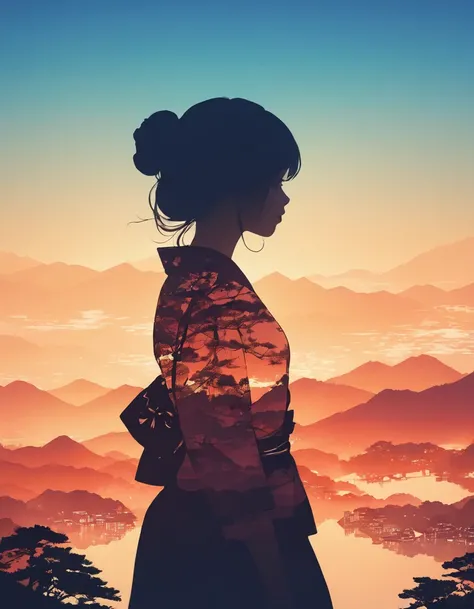 Silhouette of a girl, Lots of Japanese scenery , Modern Japanese Landscape, close, Double Exposure, Gradient Background