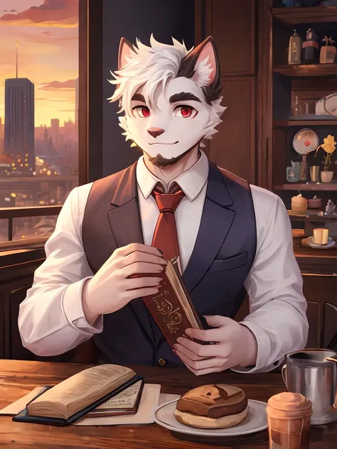 White Cat Boy，White broken hair，Red eyes，White Hair，White hairy hands，black，Dark and thick eyebrows，Red tie，Cafe，City sunset，Holding a magic book in hand