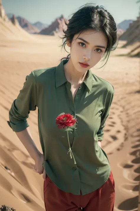 (((best quality))),(((ultra detailed))),(((masterpiece))),illustration,((1 beautiful girl,tomboy,solo)),(short black hair:1.2),((slim,thin)),((small breasts,thin)), vigorous, confident, (light green collared shirt:1.3), (dark green pants:1.2), simplicity, ...