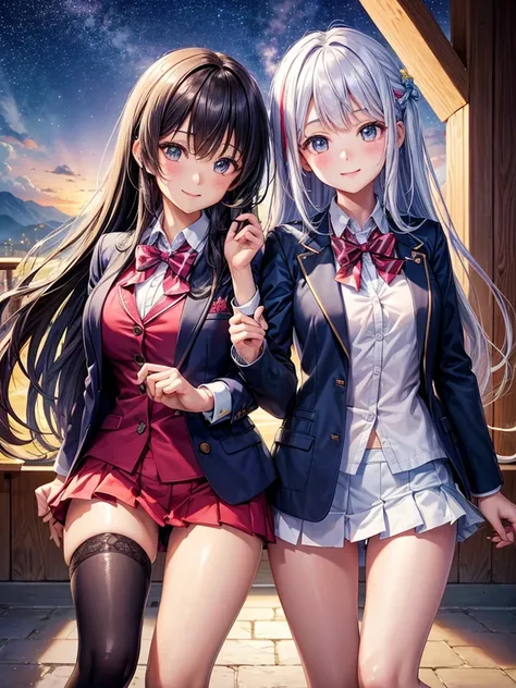 best quality，，smile，blazer，swimsuit，nepal，middle School girlultiple girls are depicted,harem，idol group，starry sky background，photo shoot，long hair，wearing a cardigan，beautiful girlの国，girl&#39;s paradise，highest quality，big breasts，leather jacket，happy gir...