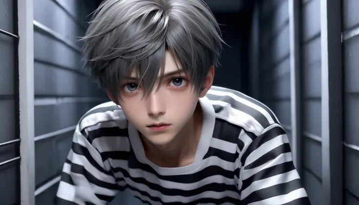 (8k, RAW photos, best quality, masterpiece: 1.4), (((Boy examining himself)))，Ultra-high resolution, Extremely detailed, Dim Lights, Upper body close-up, handsome boy, black eyes, (delicate eyes, Eyes are bright:1.2), Gray short hair, Fair skin,dark, Black...