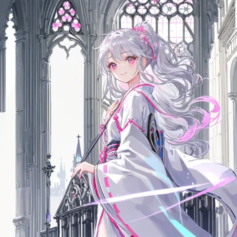 1 girl in、(silver medium Hair)、side ponytailed、pink eye、Looking at the camera、from side,delicate finger、beautiful ilumination、(adult),white kimono、miko costume、smile,laugh,((cathedral background))、(High resolution of the highest quality)、((Masterpieces of ...