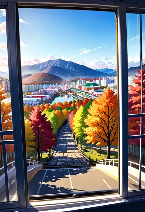 The scenery outside the window of the gondola at the top of the Ferris wheel, distant view, outside the amusement park is a residential area, mountains can be seen in the distance, amusement park,It is late autumn, 