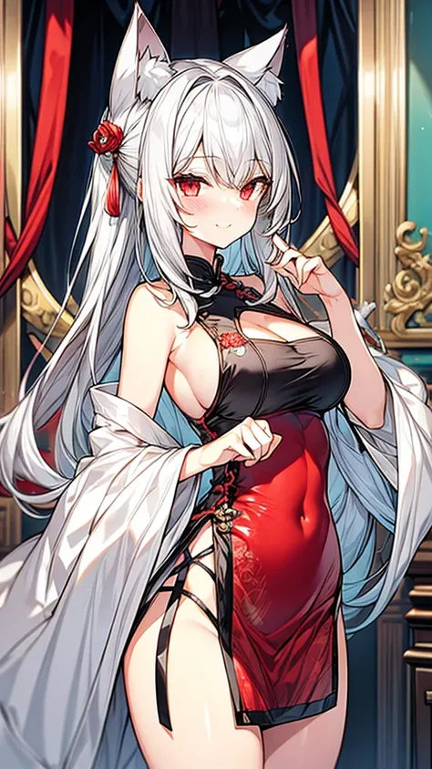 Silver Hair　Red Eye　beautiful girl　Big Breasts　Cat ear　China dress　Anatomically correct　smile