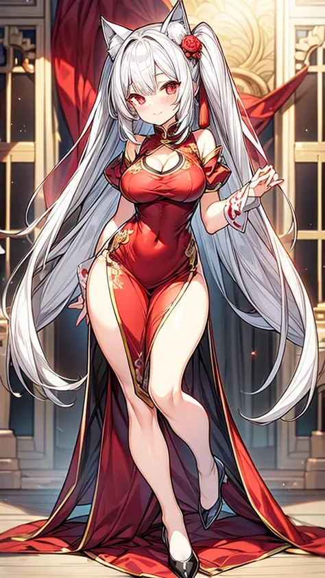 Silver Hair　Red Eye　beautiful girl　Big Breasts　Cat ear　China dress　Anatomically correct　smile