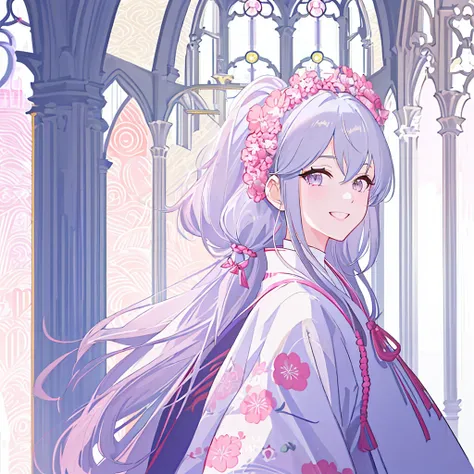 1 girl in、(silver medium Hair)、side ponytailed、pink eye、Looking at the camera、from side,delicate finger、beautiful ilumination、(adult),white kimono、miko costume、smile,laugh,((cathedral background))、(High resolution of the highest quality)、((Masterpieces of ...