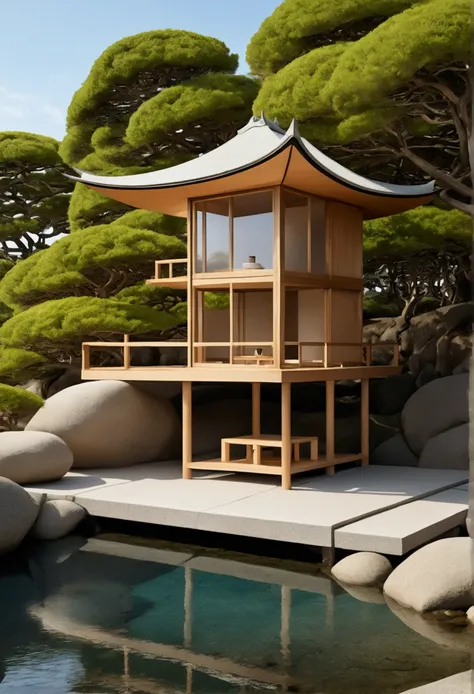 masterpiece,best quality,illustration,designed by Antoni Gaudi Minimalist Japanese-inspired tea house by the sea, evoking the style of Tadao Ando