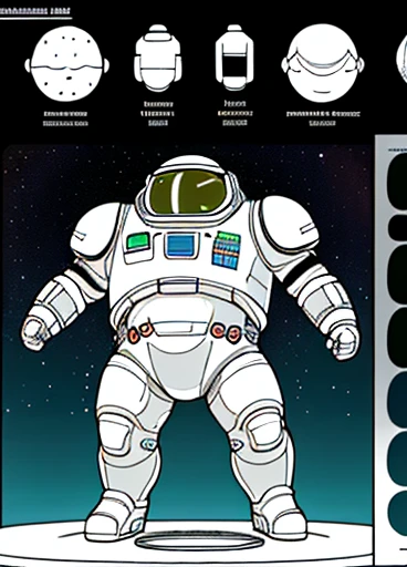 4K, masterpiece, detailded.💚（（tmasterpiece）），（（（best qualtiy））），（CharacterDesignSheet，Same role，frontage，Lateral face，on  back），concept-art，concept art of character，Character sketches，reference sheet，Role table,💚The captain of the astronauts is a plump, ch...