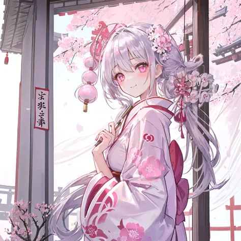 1 girl in、(silver medium Hair)、side ponytailed、pink eye、Looking at the camera、from side,delicate finger、beautiful ilumination、(adult),white kimono、miko costume、smile,laugh,((japanese temple background))、(High resolution of the highest quality)、((Masterpiec...