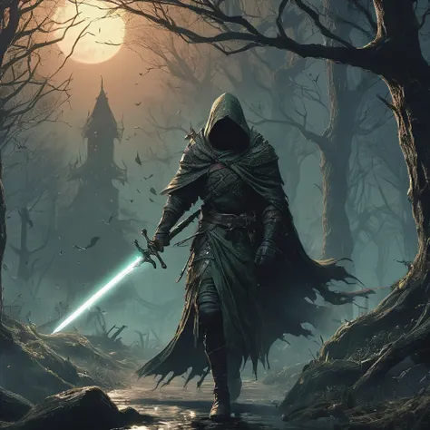 shadowy medieval forest, a young teen named aiden, armed with a small sword, moves cautiously through the twisted, ancient trees...