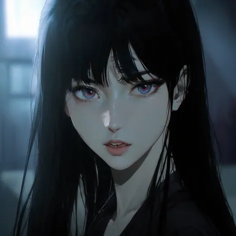 Japanese cartoons, A girl with long black hair and a black shirt, Japanese cartoons visual of a young woman, Lee Ji-eun plays the super villain, She has black hair，With bangs, female Japanese cartoons character, Ilya Kuvshinov（Ilya Kuvshinov）Long hair, scr...