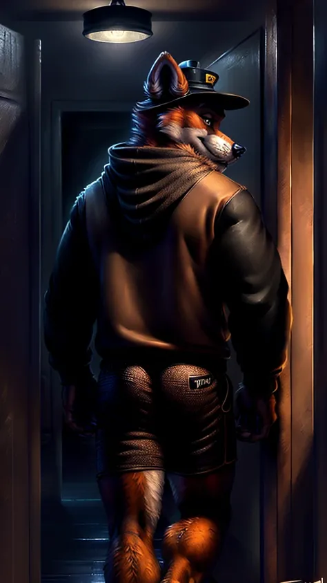 by personalami, by place, by kenket, by taran violinist, male, alone, antro (fox), (fnaf), (sly), Adult, Photorealistic, Hyper realistic, ultra-detailed, natural pose, (muscular, burly), (( run)), ((safety short hoodie:1.2)), (furry), ((butt view)), (detai...