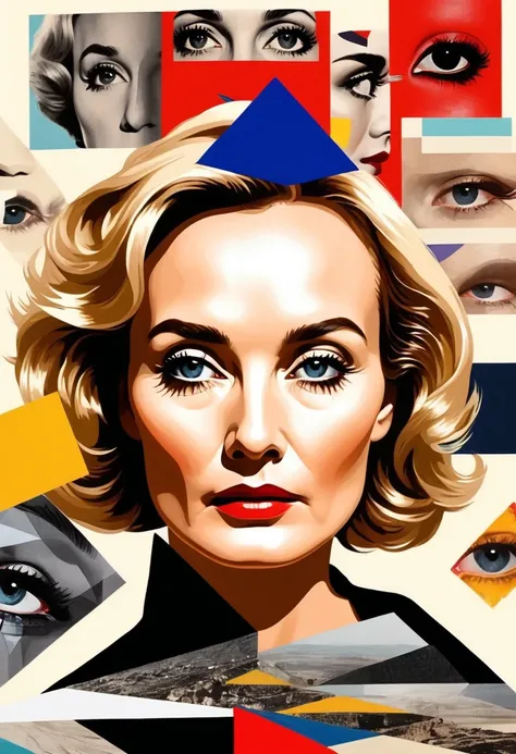 Jessica Lange themed, Surreal and strange dislocation art：Collage，There are many different things on the faces，cinematic colors, Geometric Dislocation，Collage,Hollow，Artistic sense，Painting，paint，Simple, cinema themed